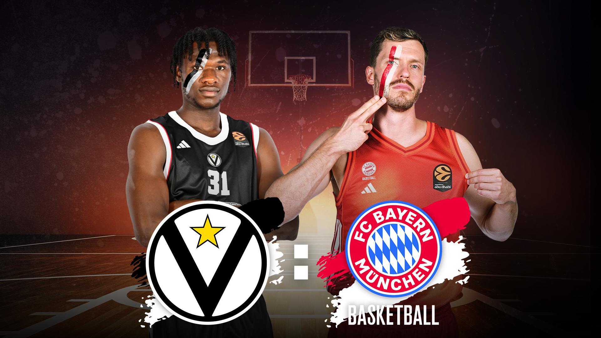 Werbegrafik mit den Spielern vom Virtus Bologna und FC Bayern München sowie Vereinslogos